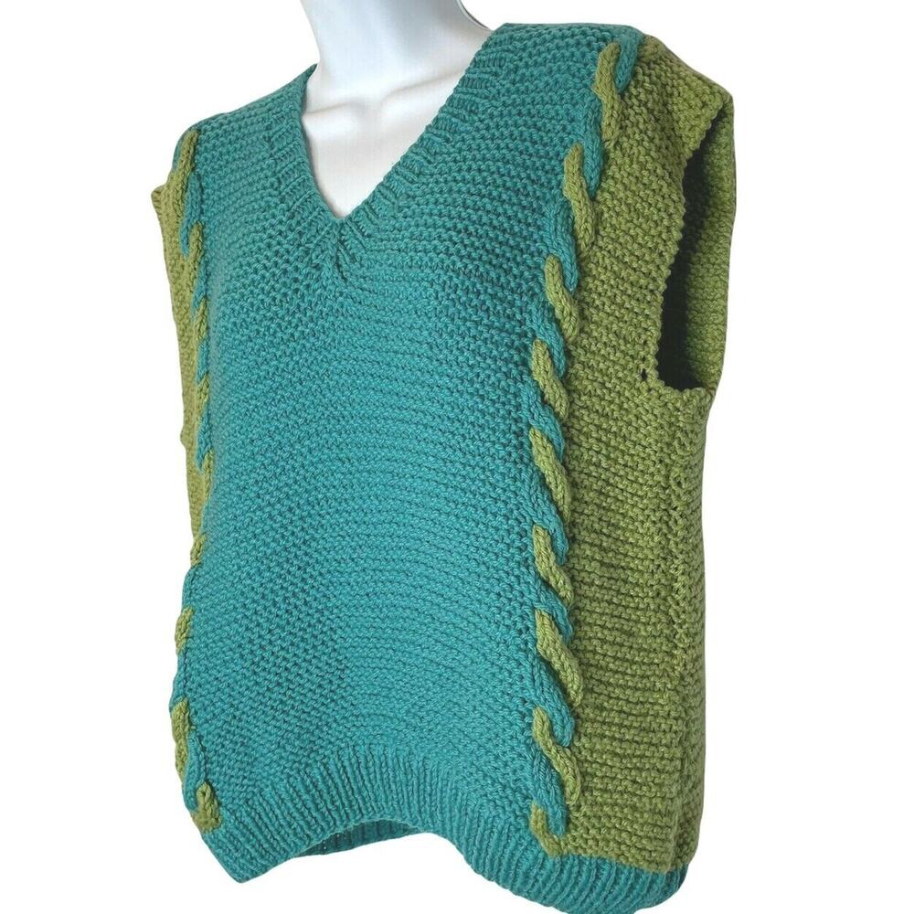 Hand Knit Handmade Pullover Sweater Vest Women's M Colorblock‎ Blue Green NEW